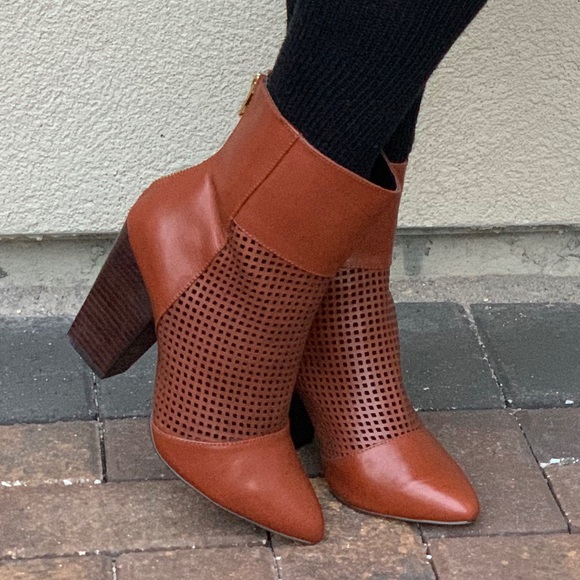 NIB Cognac Pointy Toe Perforated Heeled Boots - Picture 8 of 8